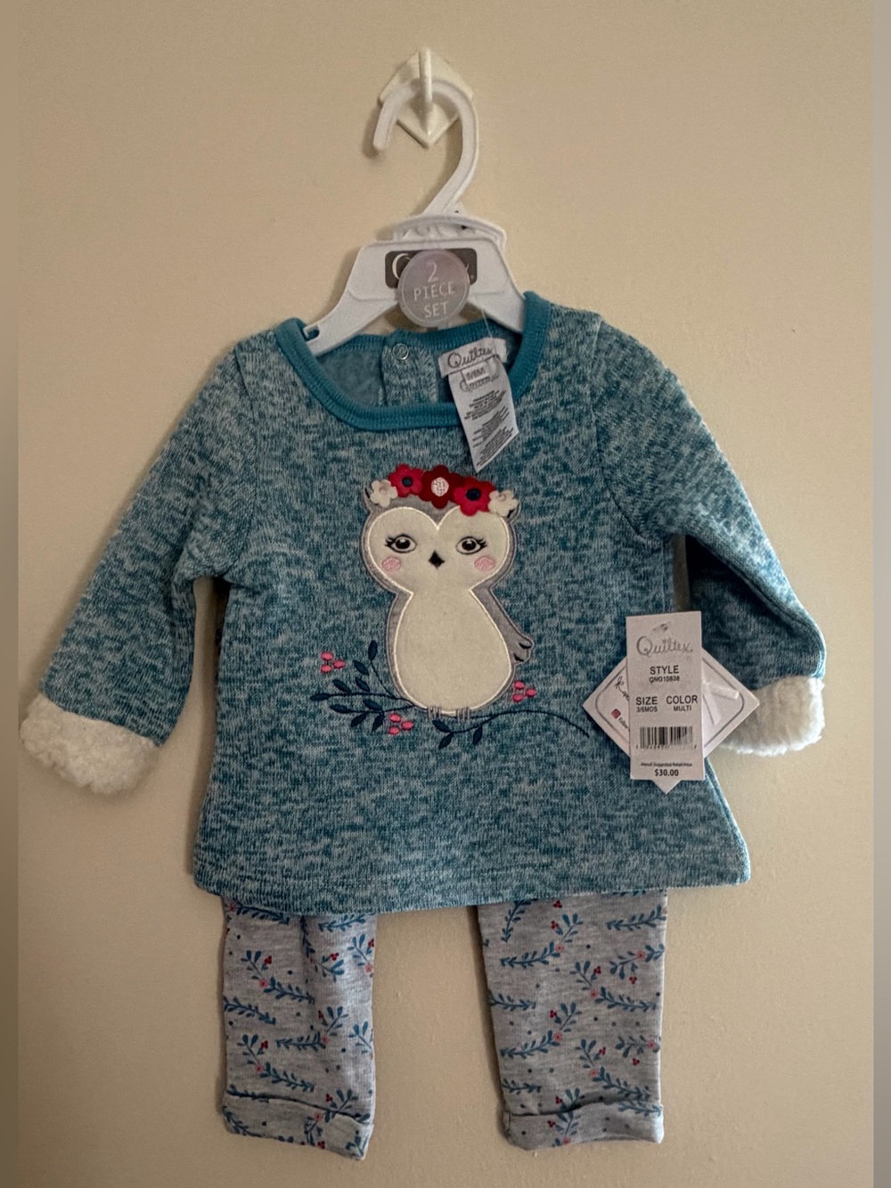 Quiltex Teal Owl Knit Top and Floral Print Leggings Pajama Set